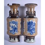 A LARGE PAIR OF 19TH CENTURY CHINESE CRACKLE GLAZED TRI COLOUR VASES Qing, painted with figures wit