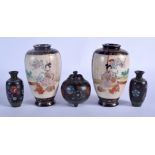 A PAIR OF EARLY 20TH CENTURY JAPANESE MEIJI PERIOD CLOISONNE ENAMEL VASES together with a pair of s