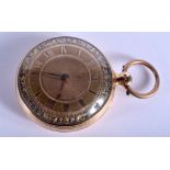 A FINE ANTIQUE 18CT GOLD VERGE POCKET WATCH with multi tone banding. 102 grams overall. 4.5 cm diam