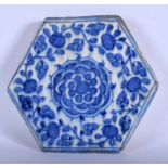 A 16TH/17TH CENTURY SAFAVID TIMURID PAINTED BLUE POTTERY TILE Persia, painted with flowers. 18 cm w