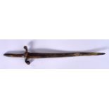AN ANTIQUE BRONZE LETTER OPENER IN THE FORM OF A SWORD, formed with a scrolling guard. 18.5 cm long