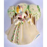 AN UNUSUAL ART DECO CLARICE CLIFF CRINOLINE LADY WALL POCKET decorated with a female. 17 cm x 17 cm