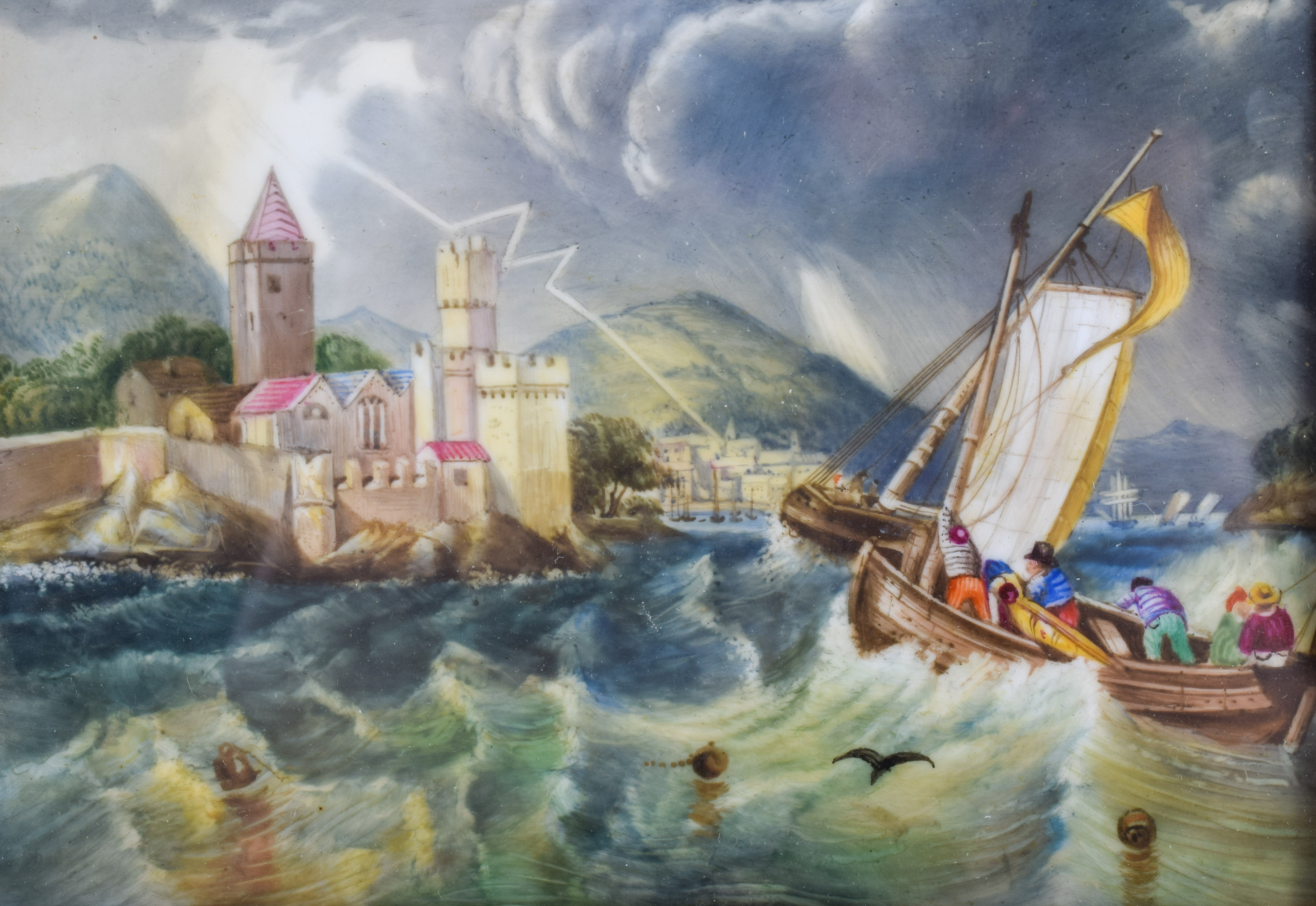 19th c. English porcelain plaque, painted with fishermen in a rough sea nearing land and a contine - Image 2 of 3