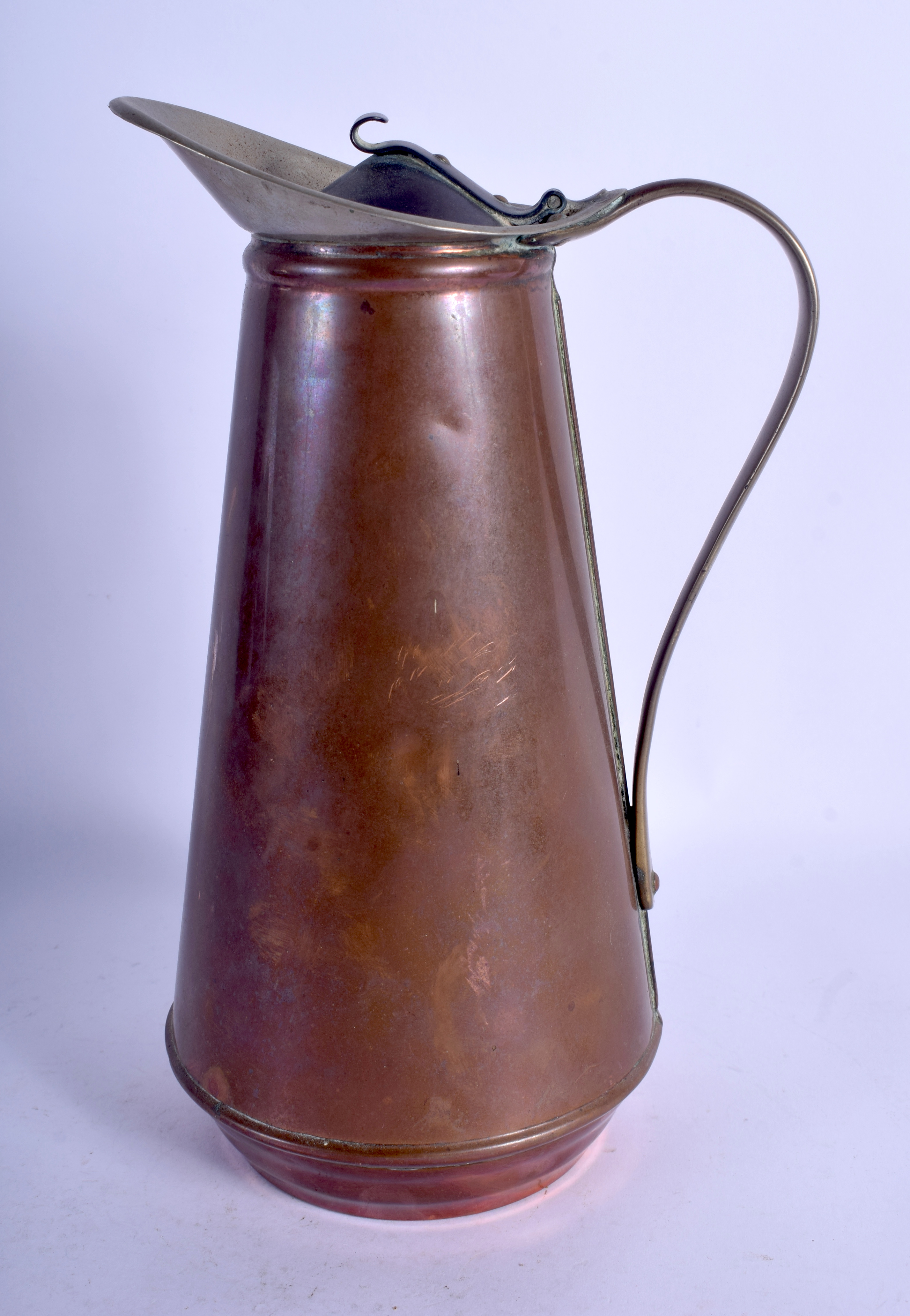 AN ARTS AND CRAFTS WAS BENSON COPPER EWER. 25 cm high.