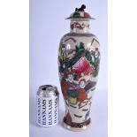 A LARGE LATE 19TH CENTURY CHINESE FAMILLE VERTE CRACKLE GLAZED VASE AND COVER painted with figures