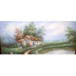 BRITISH SCHOOL (20th century) FRAMED OIL ON CANVAS, signed “Reynolds”, cottage in a landscape. 59 c