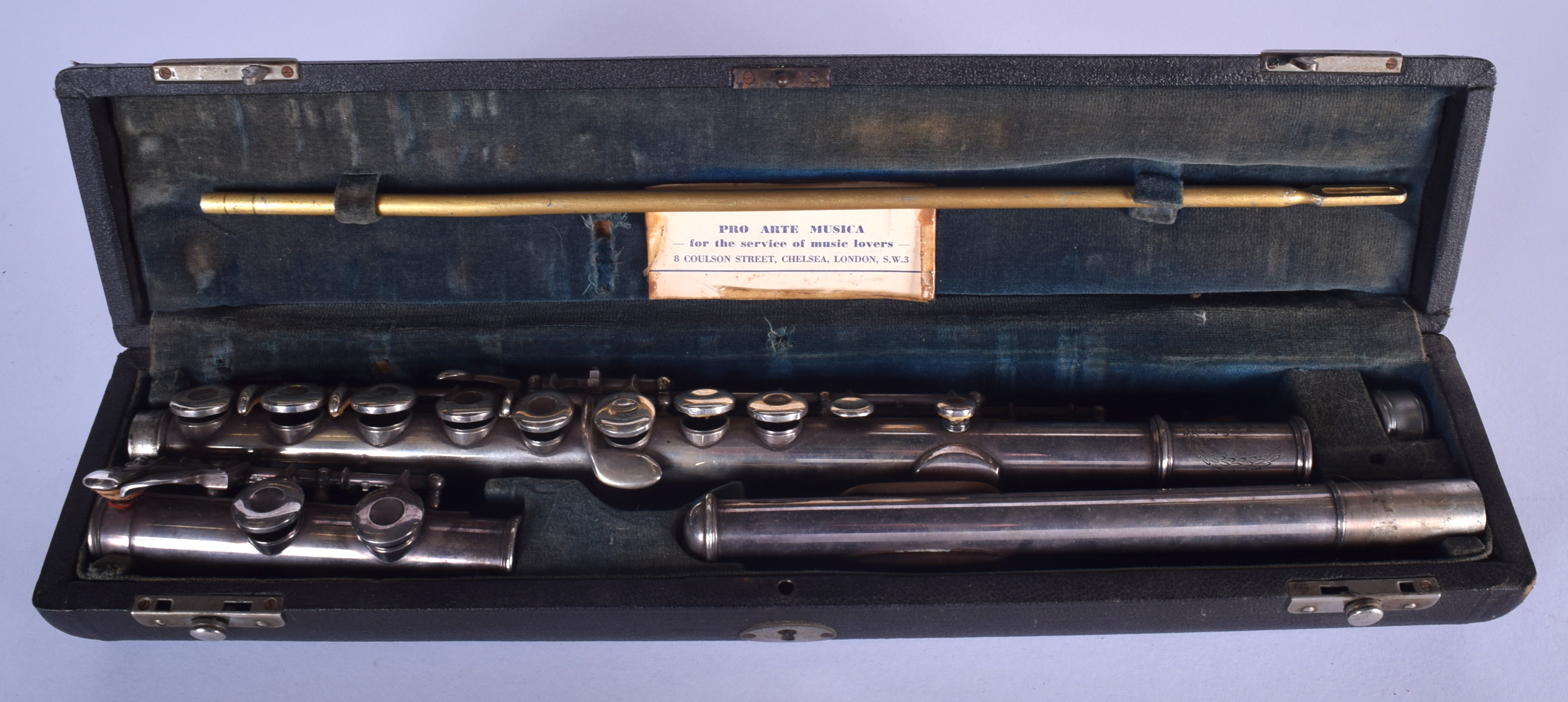 A VINTAGE FLUTE, in original case. Case 42 cm wide.