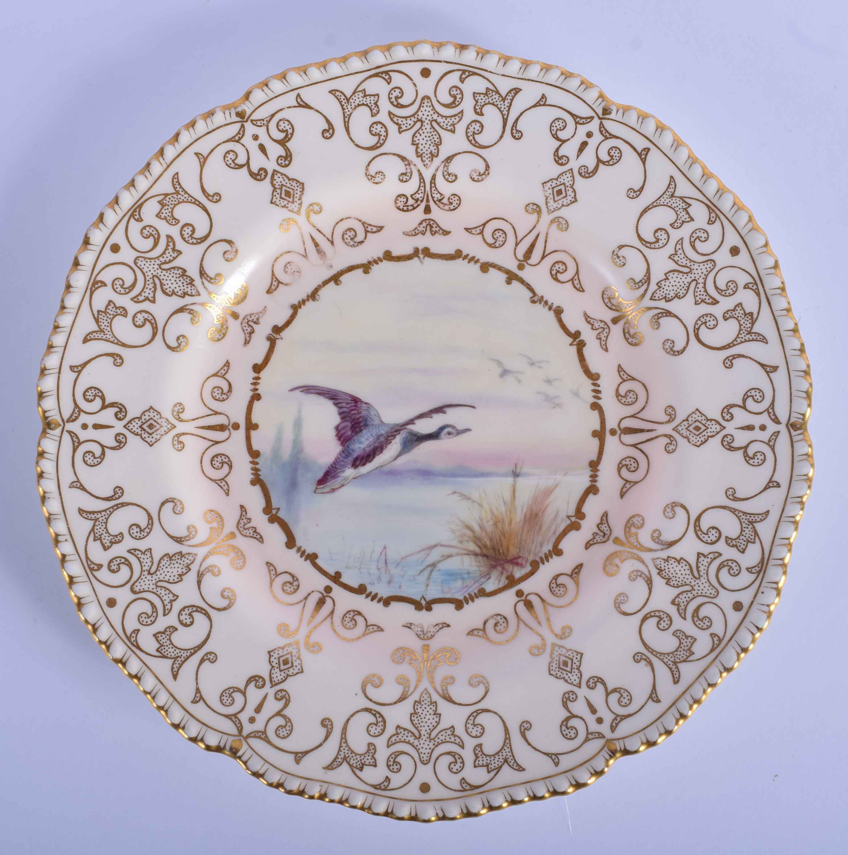 Coalport plate painted with a Brent Goose, titled verso, made for the Chicago Exhibition of 1893, g