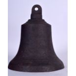 A LARGE 18TH CENTURY IRON BELL, triple ring decoration to body. 30 cm x 28 cm.