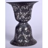 A SILVER INLAID BIDRI VESSEL, decorated with foliage. 13 cm high.