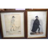 AN ANTIQUE HAND COLOURED PRINT, depicting a male, together with another picture. Largest 36 cm x 26