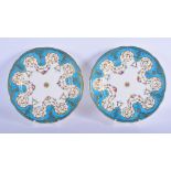 19th c. Minton Sevres style pair of plates painted with chains of flowers under a turquoise and gil