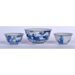 A CHINESE BLUE AND WHITE PORCELAIN BOWL, together with a pair of tea bowls bearing Ming marks. Larg