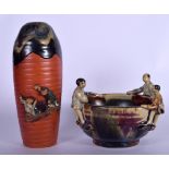 A JAPANESE SUMIDA GAWA POO WARE POTTERY JBOWL, together with vase. Largest 25 cm. (2)