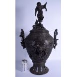 A LARGE 19TH CENTURY JAPANESE MEIJI PERIOD BRONZE TWIN HANDLED CENSER ON STAND modelled with Buddhi