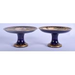 A FINE PAIR OF 19TH CENTURY JAPANESE MEIJI PERIOD SATSUMA TAZZA possibly Kinkozan, painted with fig