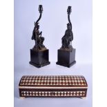 A PAIR OF 19TH CENTURY GRAND TOUR BRONZE LAMPS and Indian box. Lamp 30 cm high inc fittings. (3)
