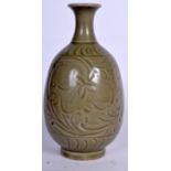 A CHINESE OLIVE GREEN VASE, incised with foliage. 19 cm high.