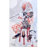 JOHN UHT R.I (B.1924) FRAMED WATERCOLOUR, study of a clown, “Piper And Friend Seated”, label verso,