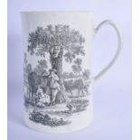 18th c. Worcester mug printed by Robert Hancock with Milking Scene and Rural Lovers. 15.5cm high