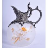 A SILVER PLATED ART NOUVEAU FROSTED GLASS JUG. 19 cm x 11 cm.