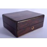 AN EARLY VICTORIAN ROSEWOOD TRAVELLING WORKBOX with internal fittings. 25 cm x 19 cm.