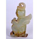 A CHINESE CARVED JADE FIGURAL PENDANT, formed as a mythical winged figure. 7 cm high.