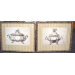 A FRAMED PAIR MONOCHROME WASH PICTURES, tureen with eagle finial. 24 cm x 35 cm.