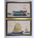 A PAIR OF 19TH CENTURY CHINESE PITH PAPER PAINTINGS depicting boats. Pith 28 cm x 17 cm.
