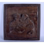 A 19TH CENTURY CONTINENTAL CARVED WOOD PANEL depicting two peasants. 32 cm square.