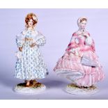 A ROYAL WORCESTER PORCELAIN FIGURINE OF THE CRINOLINE, together with “The Romantic”. Largest 24.5 c