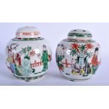 A NEAR PAIR OF EARLY 20TH CENTURY CHINESE FAMILLE VERTE JARS AND COVERS Qing/Republic. Largest 11 c
