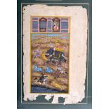A 19TH CENTURY PERSIAN PAINTED ILLUMINATED MANUSCRIPT depicting figures hunting upon elephants. Ima