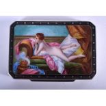 AN ART DECO SILVER AND ENAMEL CASE painted with a reclining female upon a chaise lounge. 9 cm x 6 c