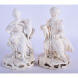 Early 19th c. pair of Derby biscuit figures of a boy with a cat and a girl with a dog. 15cm high