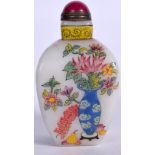 A CHINESE MILKY GLASS SNUFF BOTTLE BEARING QIANLONG MARKS, decorated with precious objects. 7.25 cm