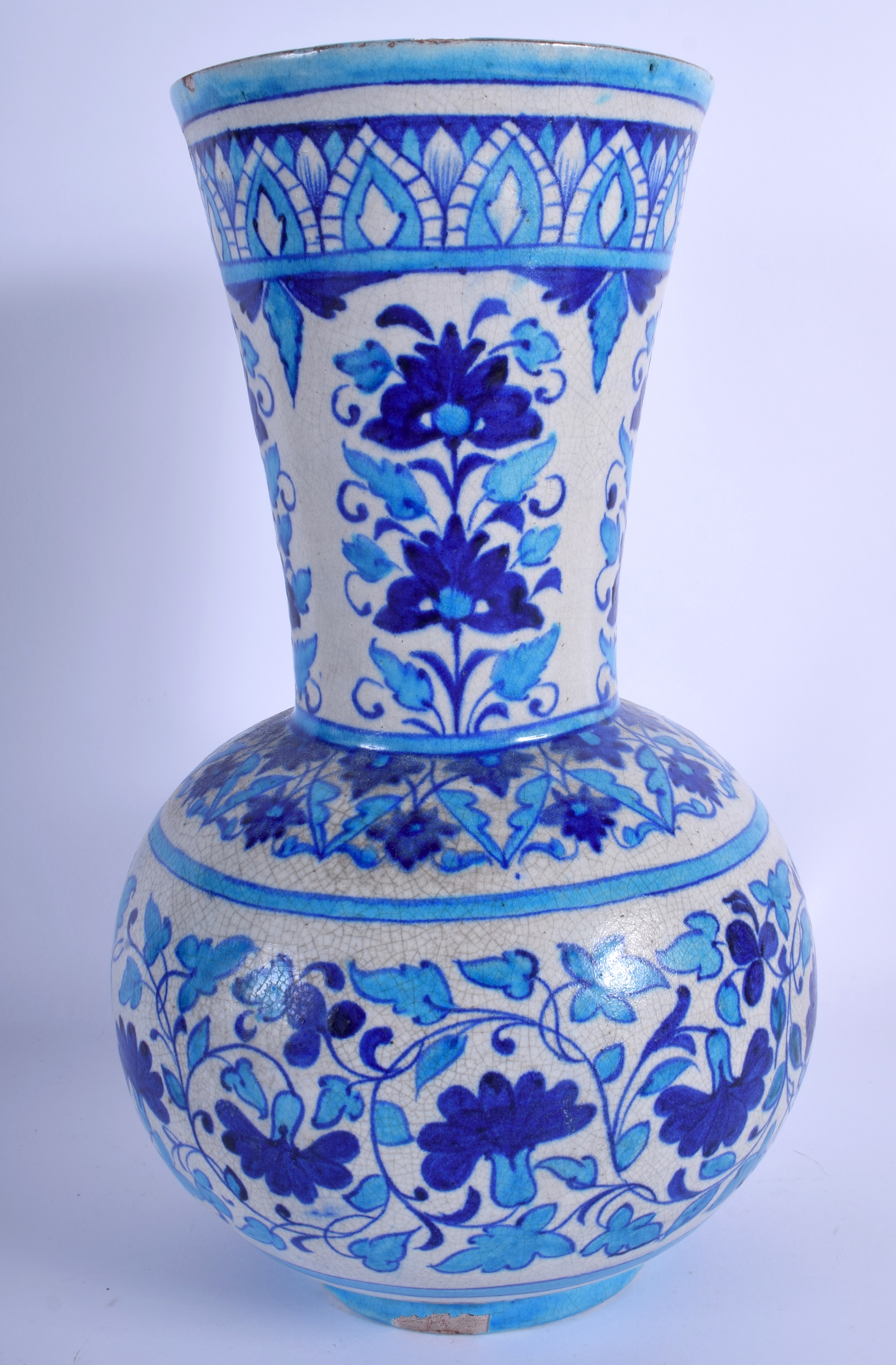 A LARGE PERSIAN MIDDLE EASTERN ISLAMIC FAIENCE BLUE VASE painted with flowers. 34 cm high. - Image 2 of 4
