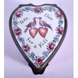 A RARE 18TH CENTURY ENGLISH ENAMEL HEART SHAPED BOX Take this for a Kiss. 4.5 cm x 5.5 cm.