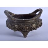 A 19TH CENTURY CHINESE TWIN HANDLED BRONZE CENSER bearing Xuande marks to base. 12 cm wide, interna