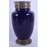 AN ANTIQUE FRENCH SILVER MOUNTED BLUE PORCELAIN VASE Risler & Carre. 17 cm high.