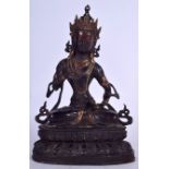 A LARGE CHINESE BRONZE BUDDHA, formed seated holding a ritual object in each hand. 34 cm high.