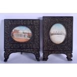 TWO 19TH CENTURY INDIAN PAINTED IVORY MINIATURES within ebonised frames. Miniature 6 cm x 5 cm. (2)