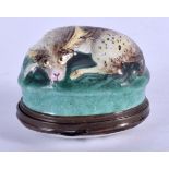 AN 18TH CENTURY ENGLISH ENAMEL DOG PILL BOX C1770 modelled recumbent. 3.5 cm x 2.5 cm.