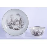 18th c. Worcester early tea bowl and saucer finely potted each printed with a love scene by Robert
