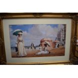 BRITISH SCHOOL (20th century) FRAMED PRINT, figures on the beach. 44 cm x 74 cm.