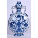 A CHINESE BLUE AND WHITE PORCELAIN BIANHU FLASK BEARING QIANLONG MARKS, decorated with stylised fol