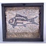 A RARE EGYPTIAN MOSAIC FISH PLAQUE, mounted within a wooden frame. 26 cm x 29 cm.