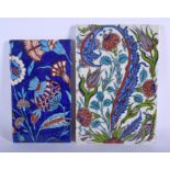 TWO MIDDLE EASTERN FAIENCE IZNIK TILES. Largest 17 cm x 24 cm. (2)