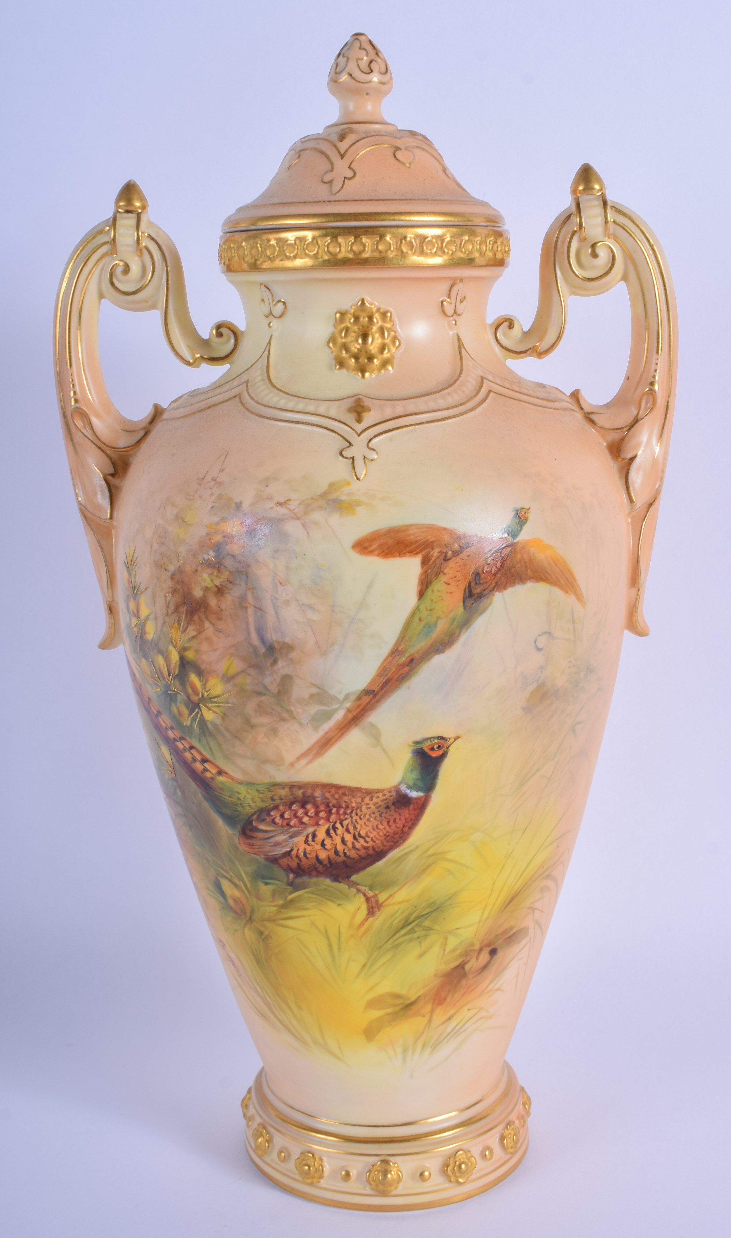 Late 19th Graingers Worcester vase and cover painted with a brace of pheasants by James Stinton, si