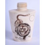 AN EARLY 20TH CENTURY JAPANESE MEIJI PERIOD CARVED BONE SNUFF BOTTLE AND STOPPER decorated with lio